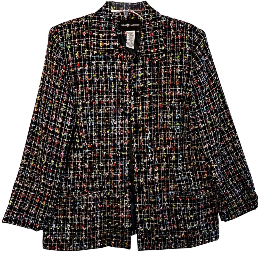 Sag Harbor Tweed Style Woven Black Base Confetti Multicolor Jacket‎ Size 12